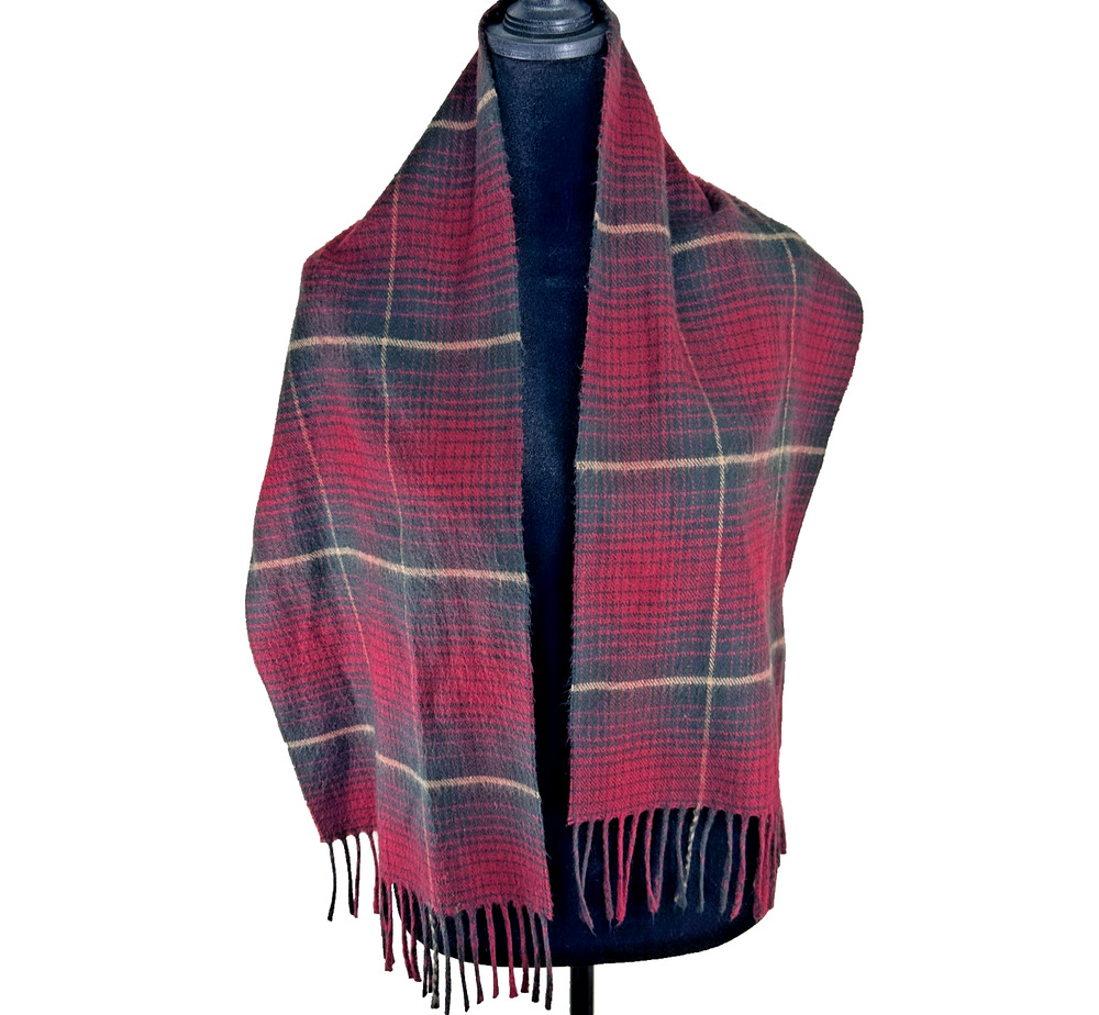 Christian Dior 100% Acrylic Cashmaire Tasseled Plaid Maroon Black Scarf 48"x11"